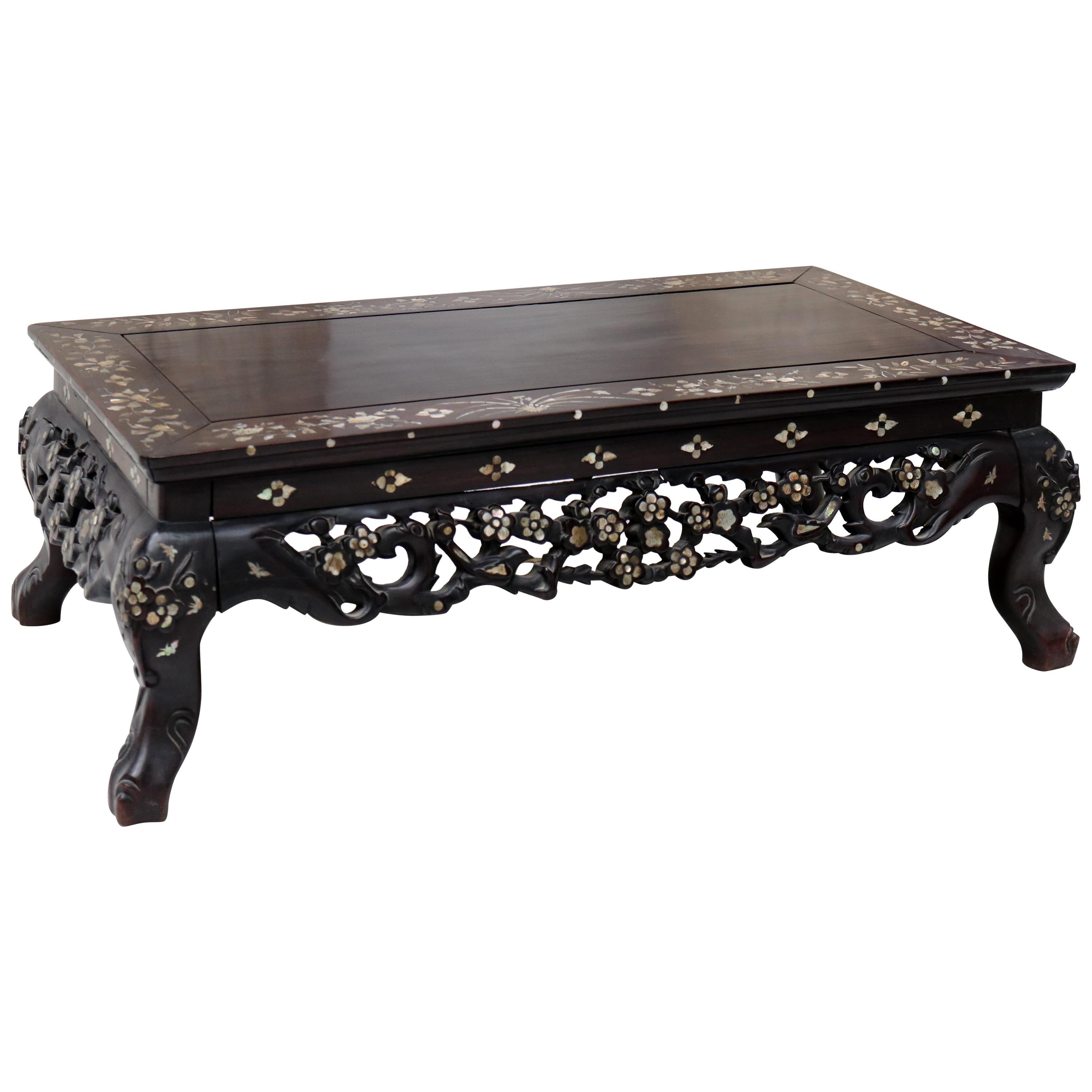 19th Century Hand Carved Chinese Rosewood Table with Mother of Pearl Inlay
