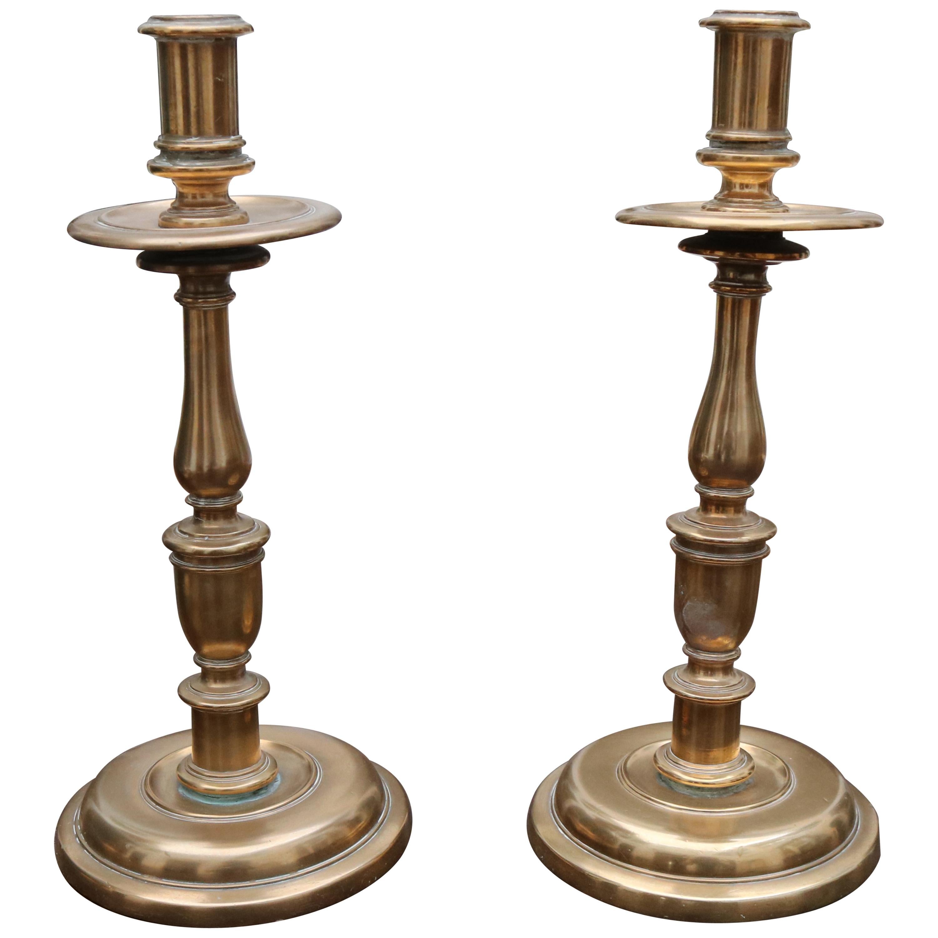 18th Century Pair of Spanish Brass Candleholders