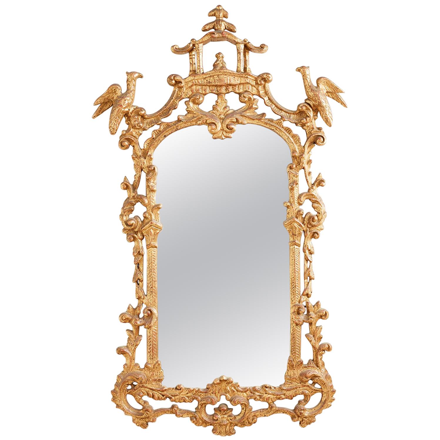 Chinese Chippendale Style Gilt Pagoda Mirror with Hoho Birds