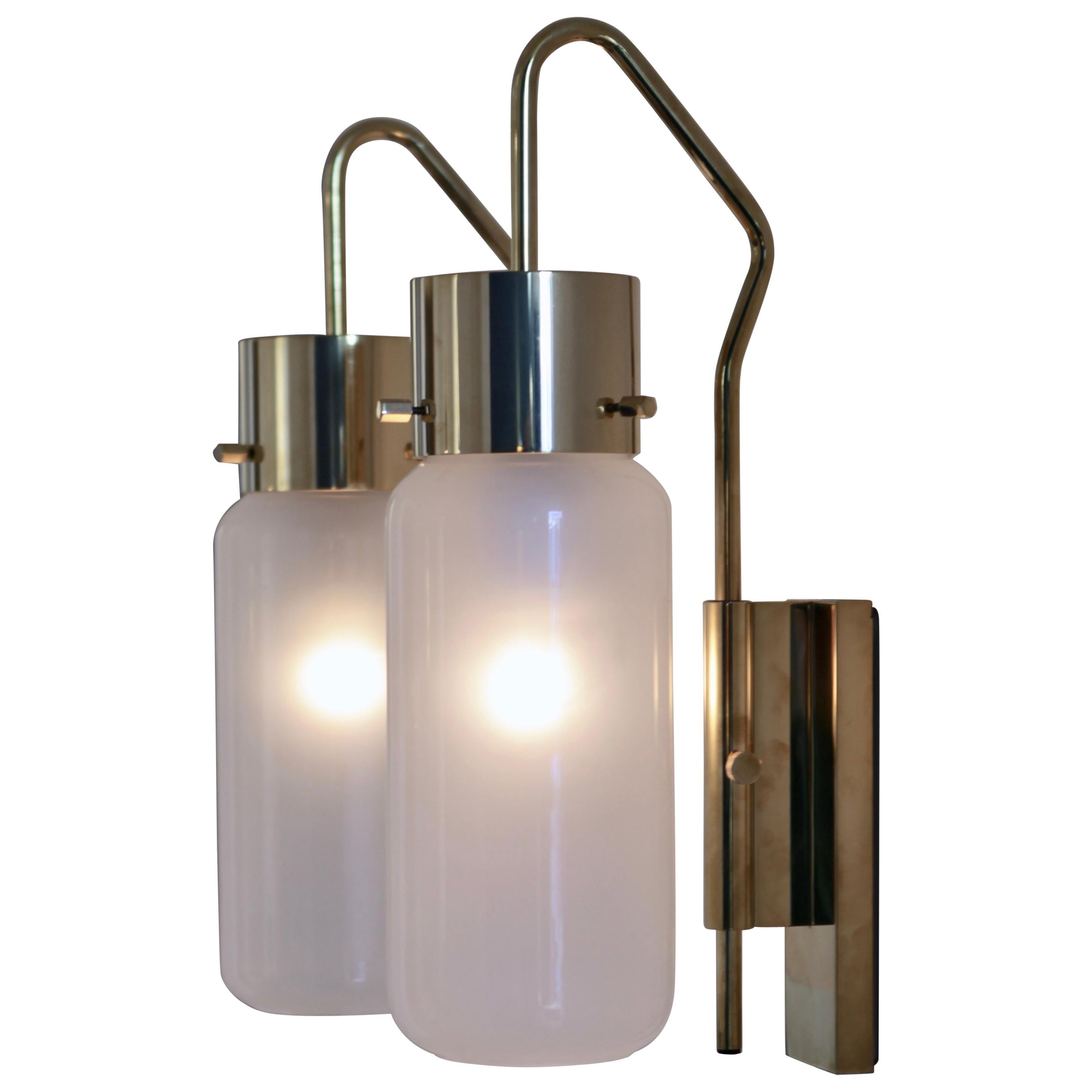 Pair of LP 10 Brass and Opaline Glass Wall Lights by Luigi Caccia Dominioni
