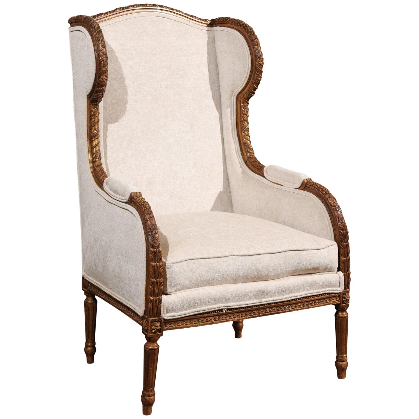 French Louis XVI Style Richly Hand Carved Wingback Chair with New Upholstery