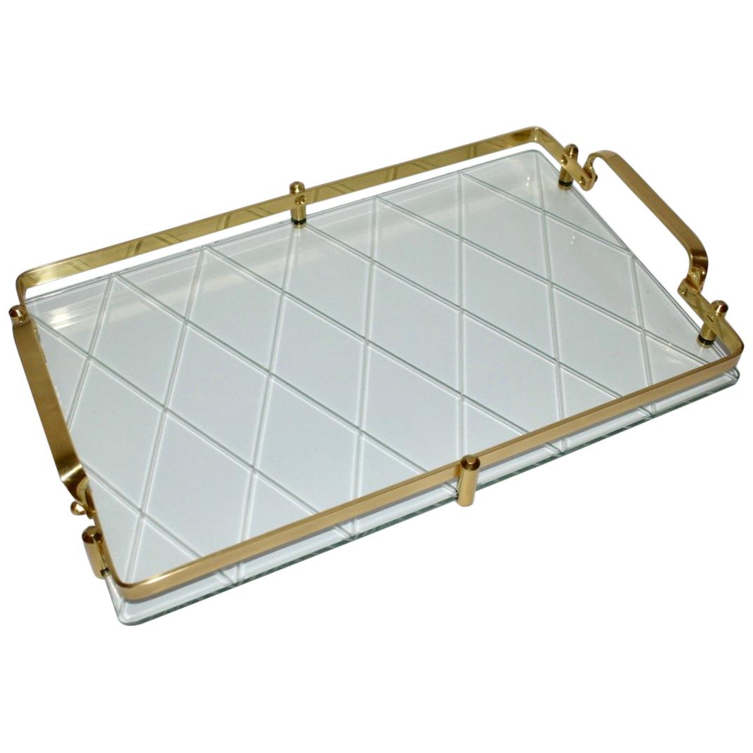 Fontana Arte Style Brass and Wheel Cut Glass Vanity or Accessory Tray For Sale