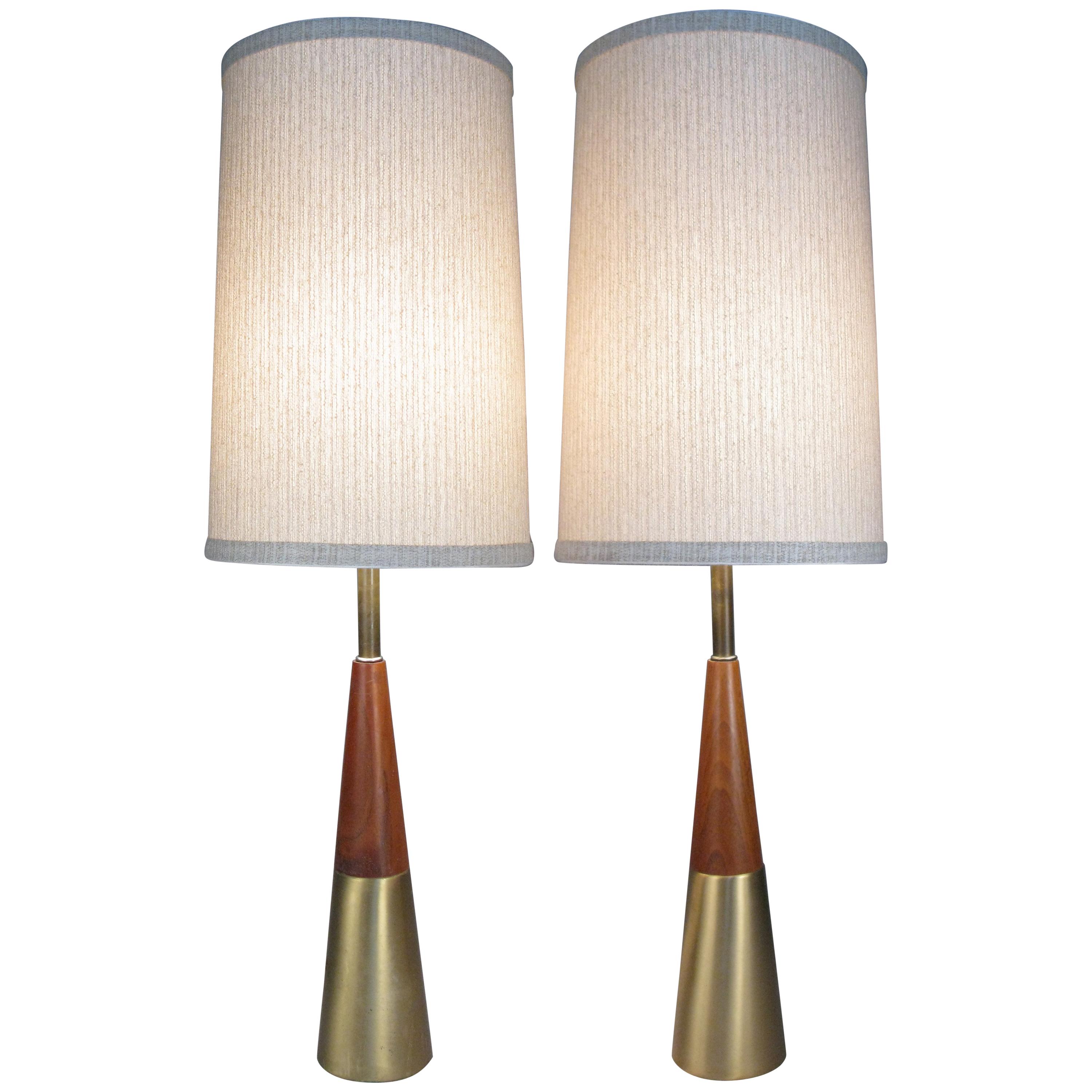 Pair of Walnut and Brass Lamps by Tony Paul
