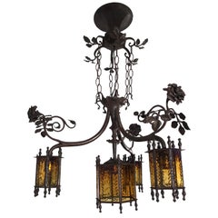 Antique Exclusive Arts & Crafts Wrought Iron and Glass Chandelier w Roses Bush Theme