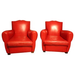 Antique Pair of Art Deco French Mustache Back Club Chairs in Red Leather