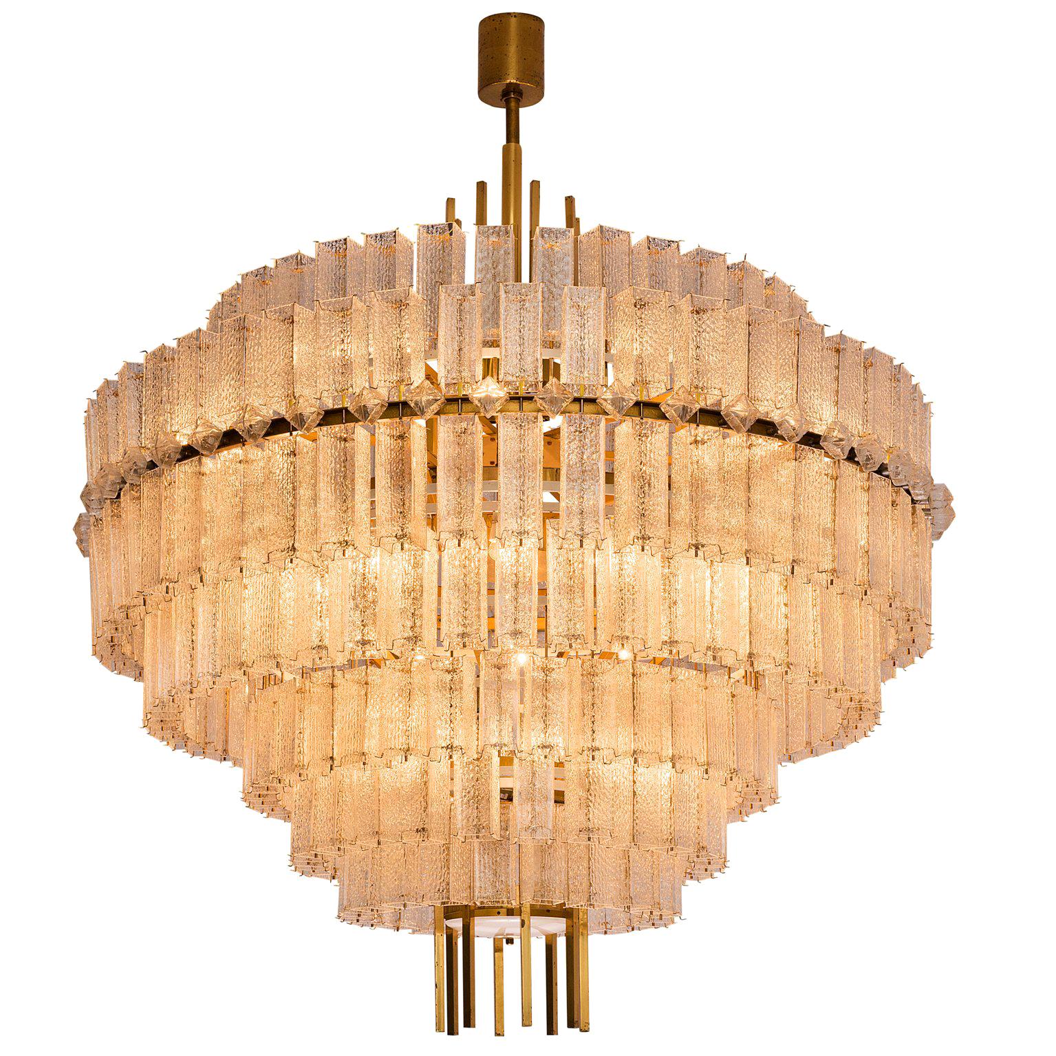 Pair of Very Large Circular Chandeliers in Brass and Structured Glass