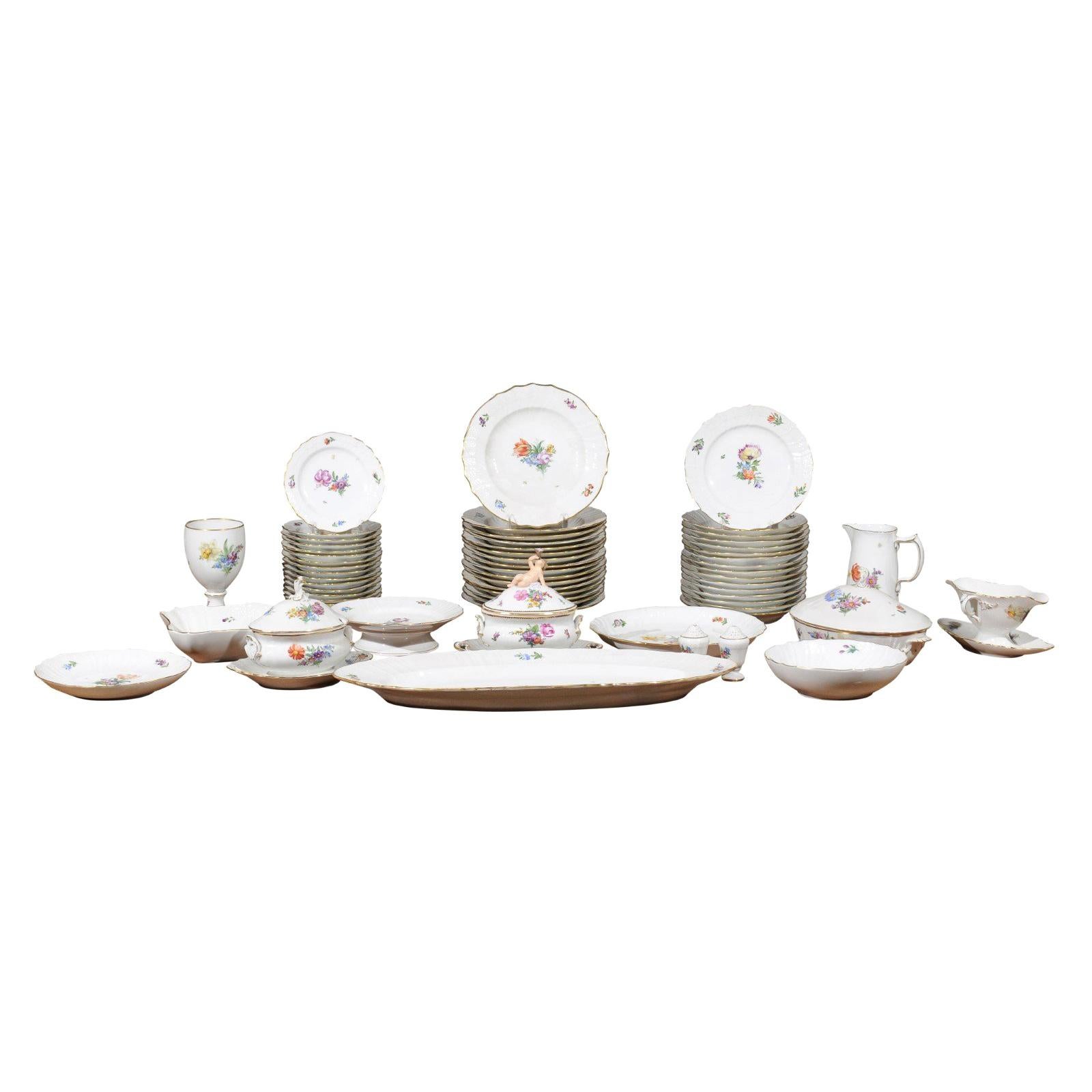 Stamped Royal Copenhagen China Set with Hand Painted Floral Décor and Gilt Trim