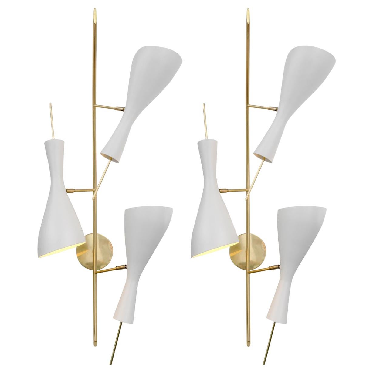 Three Brass and White Metal Shade Mid Century Style Sconces, Italy, 2018