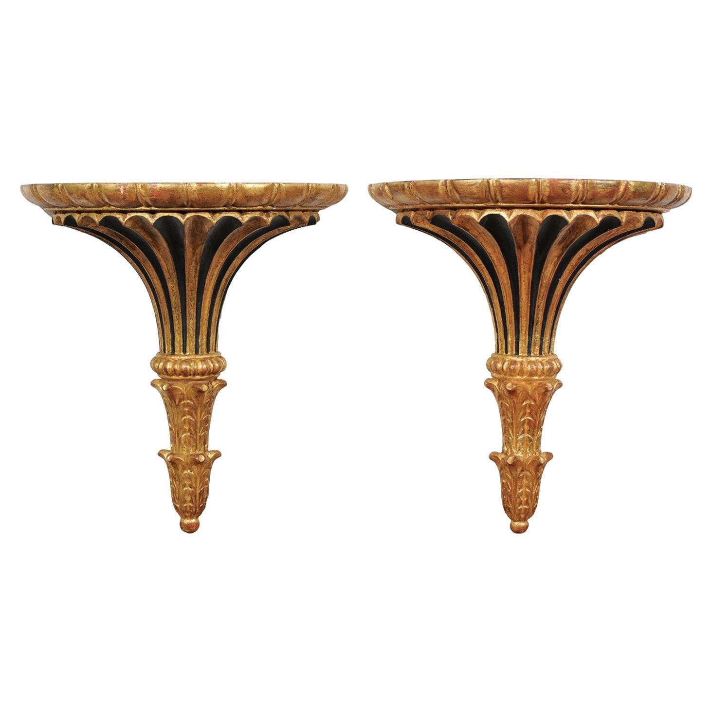 Pair of Italian 1870s Carved Wall Brackets with Gold and Black Painted Accents