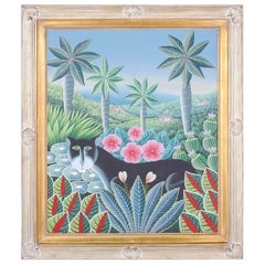 Vintage Haitian Oil Painting on Canvas of a Cat