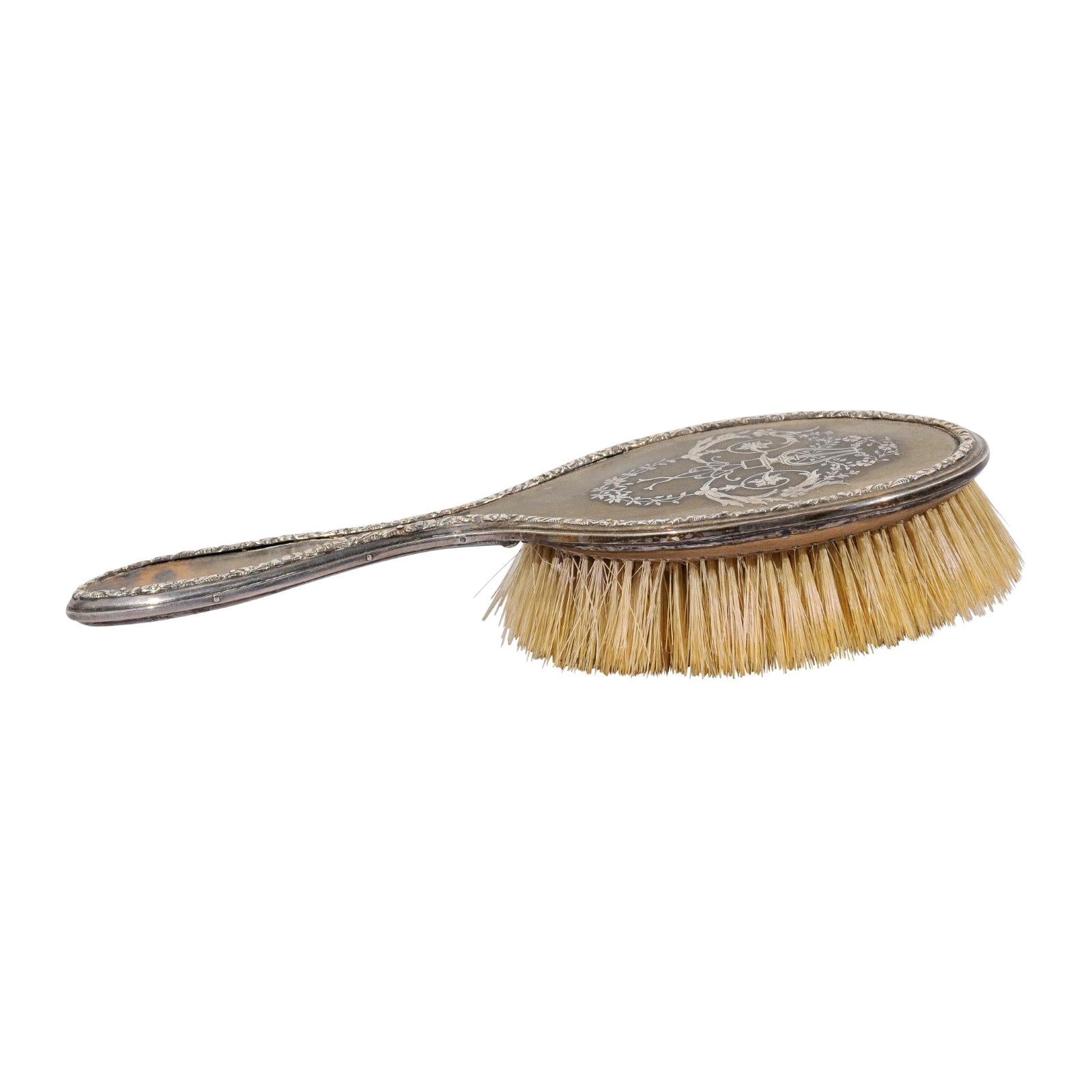 English 19th Century Silver Dressing Table Brush with Lyre and Floral Arabesques For Sale
