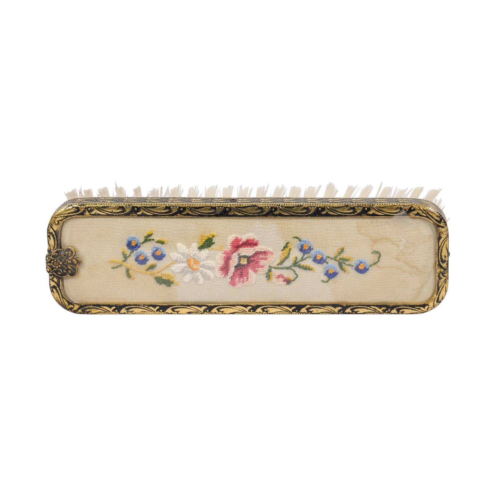English 19th Century Clothes Brush with Petit Point on Silk with Brass Edges