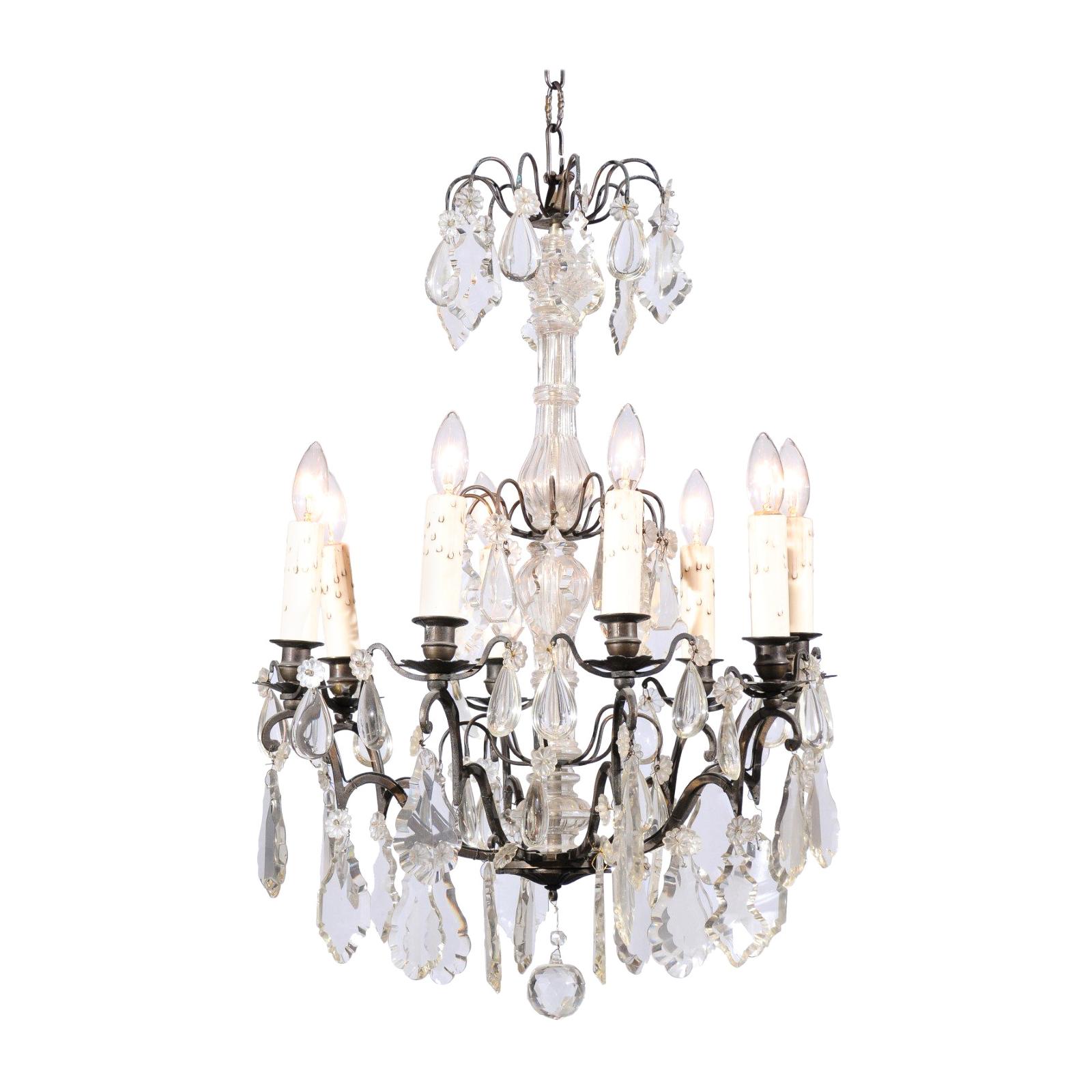 French Late 19th Century Eight-Arm Crystal Chandelier with Dark Metal Armature For Sale