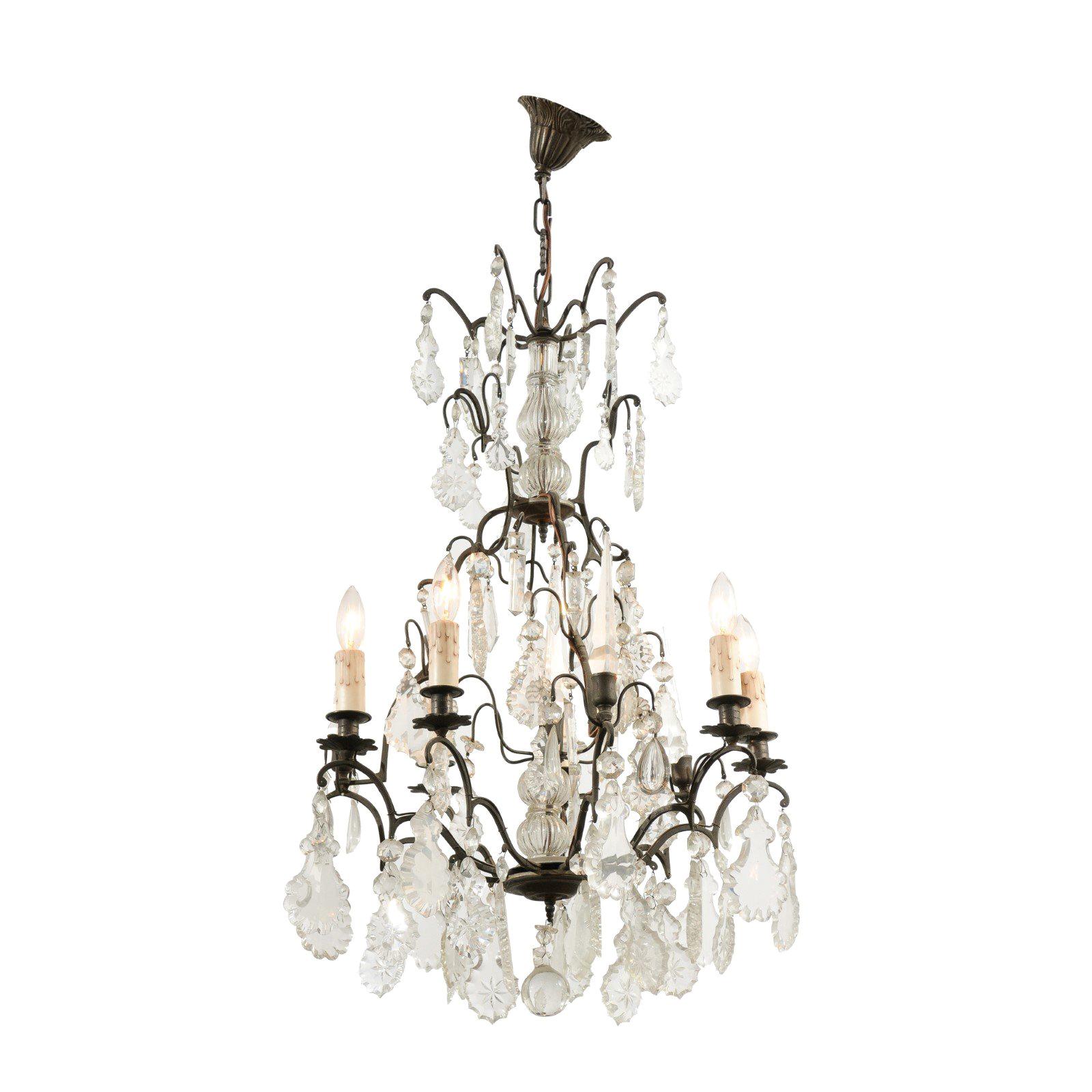 French Six-Light Crystal Chandelier with Iron Armature, Pendeloques and Obelisks For Sale