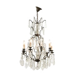 Antique French Six-Light Crystal Chandelier with Iron Armature, Pendeloques and Obelisks