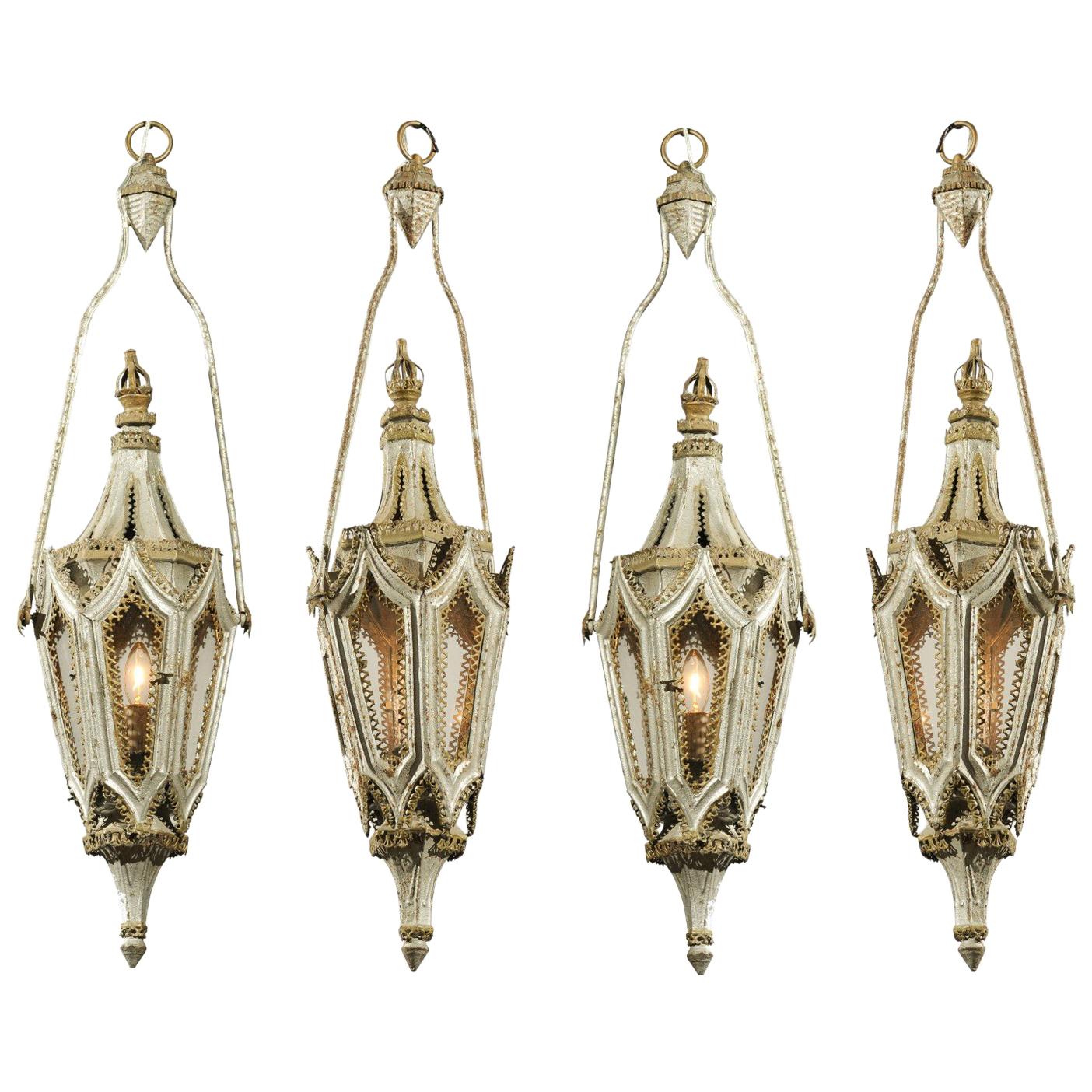 English 19th Century Painted Iron Gothic Revival Period Lanterns, Sold Per Pair For Sale