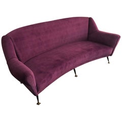 Vintage Mid-Century Modern Purple Velvet and Brass Italian Curved Sofa, circa 1950