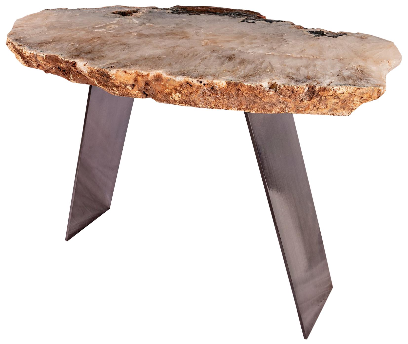 Rectangular Console Table, Natural Brazilian Quartz with Metal Base