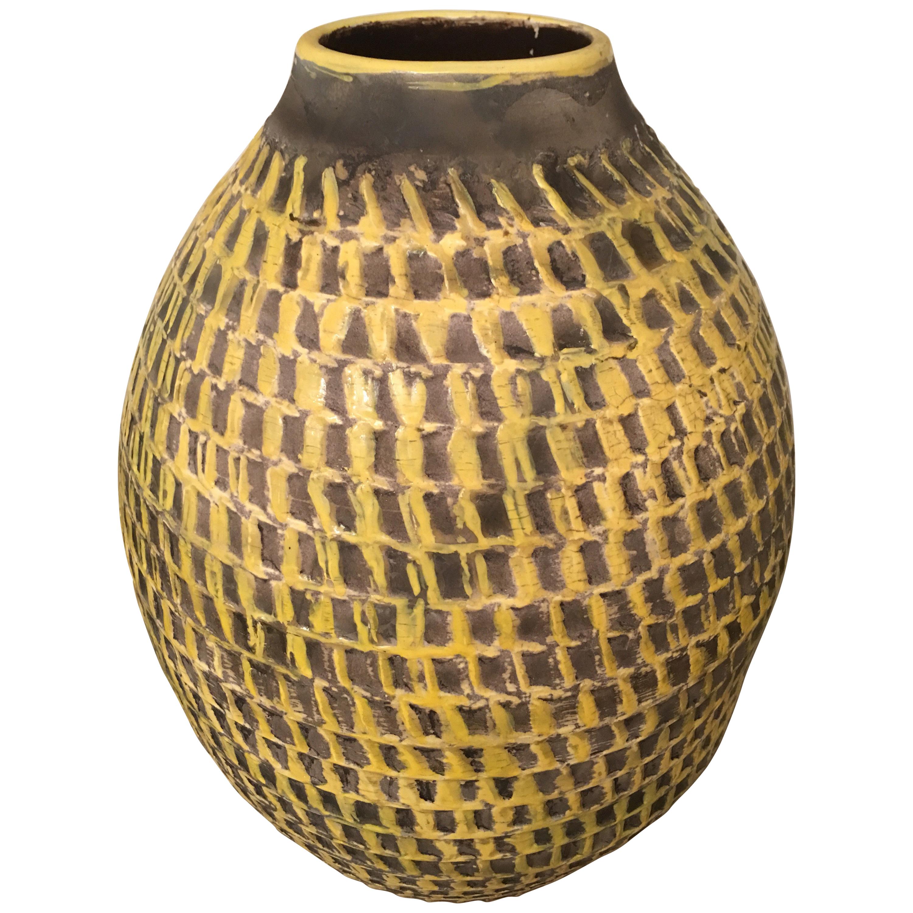 Jean Besnard Signed Large Yellow Ceramic Vase, Incised Decor, French, 1930s For Sale