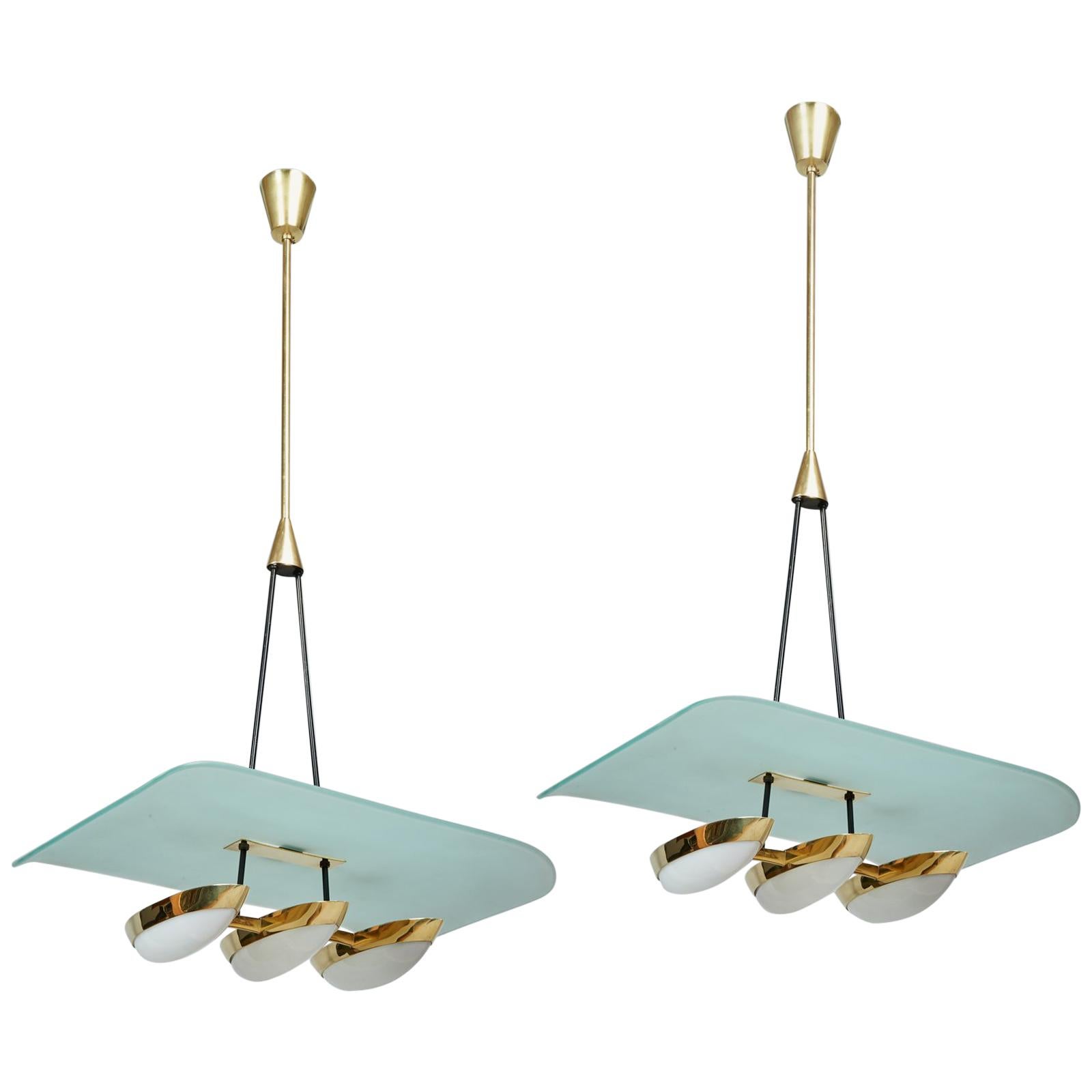 Arredoluce Pair of Glass, Brass and Perspex Pendant Chandeliers, Italy 1950's
