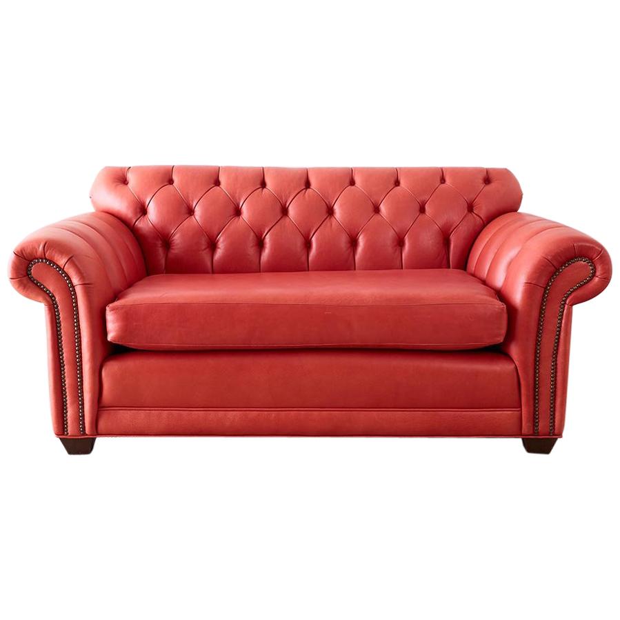 Coral Red Leather Tufted Chesterfield Sofa Settee