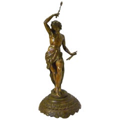 19th Century Classic Chased Bronze Figure of Pan or Dancer on Carved Wood Base