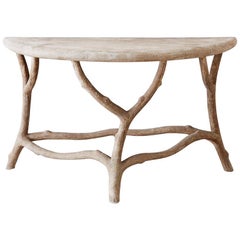 Cast Stone Concrete Faux Bois Demilune Console Table