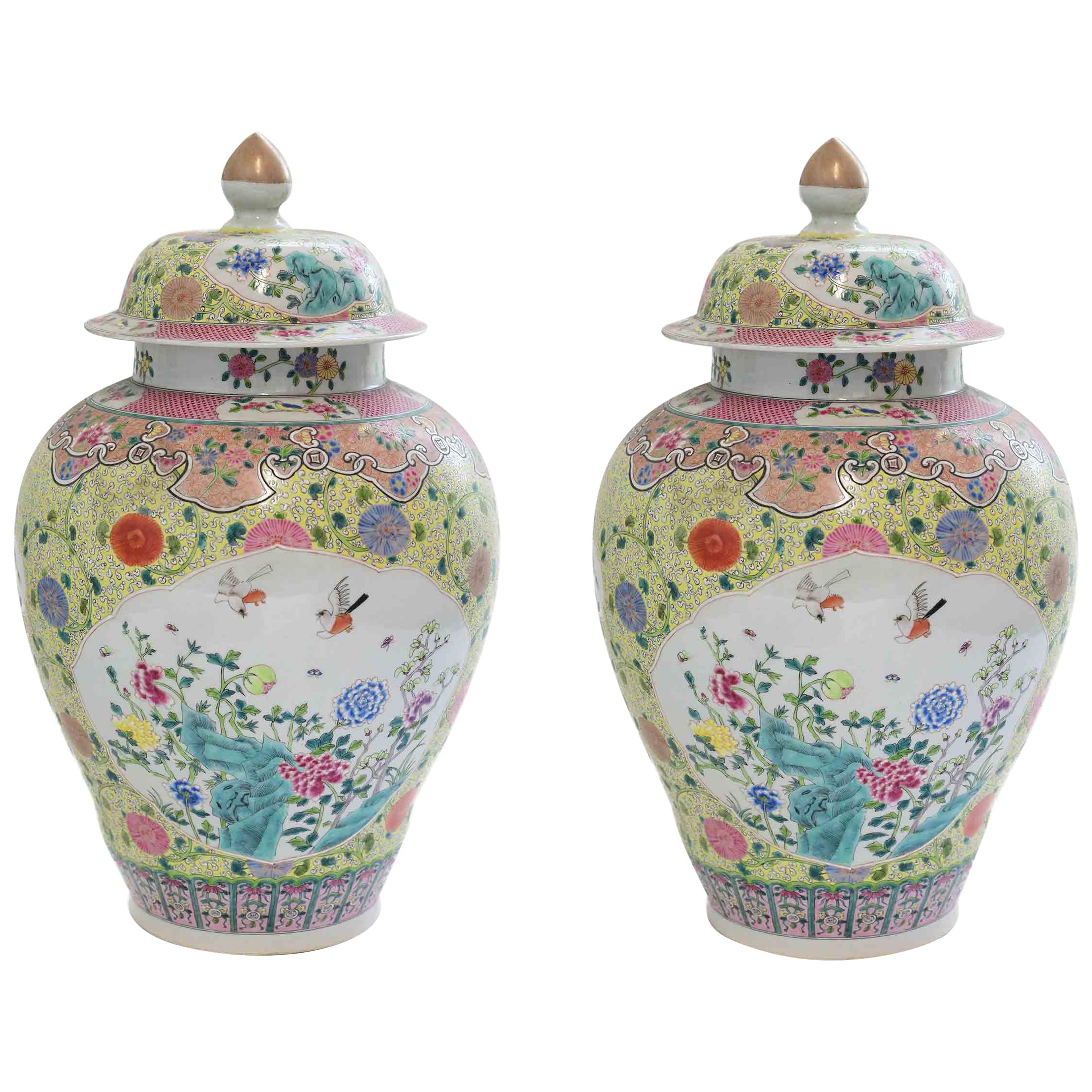 Pair of Famille Rose Porcelain Vases with Covers For Sale