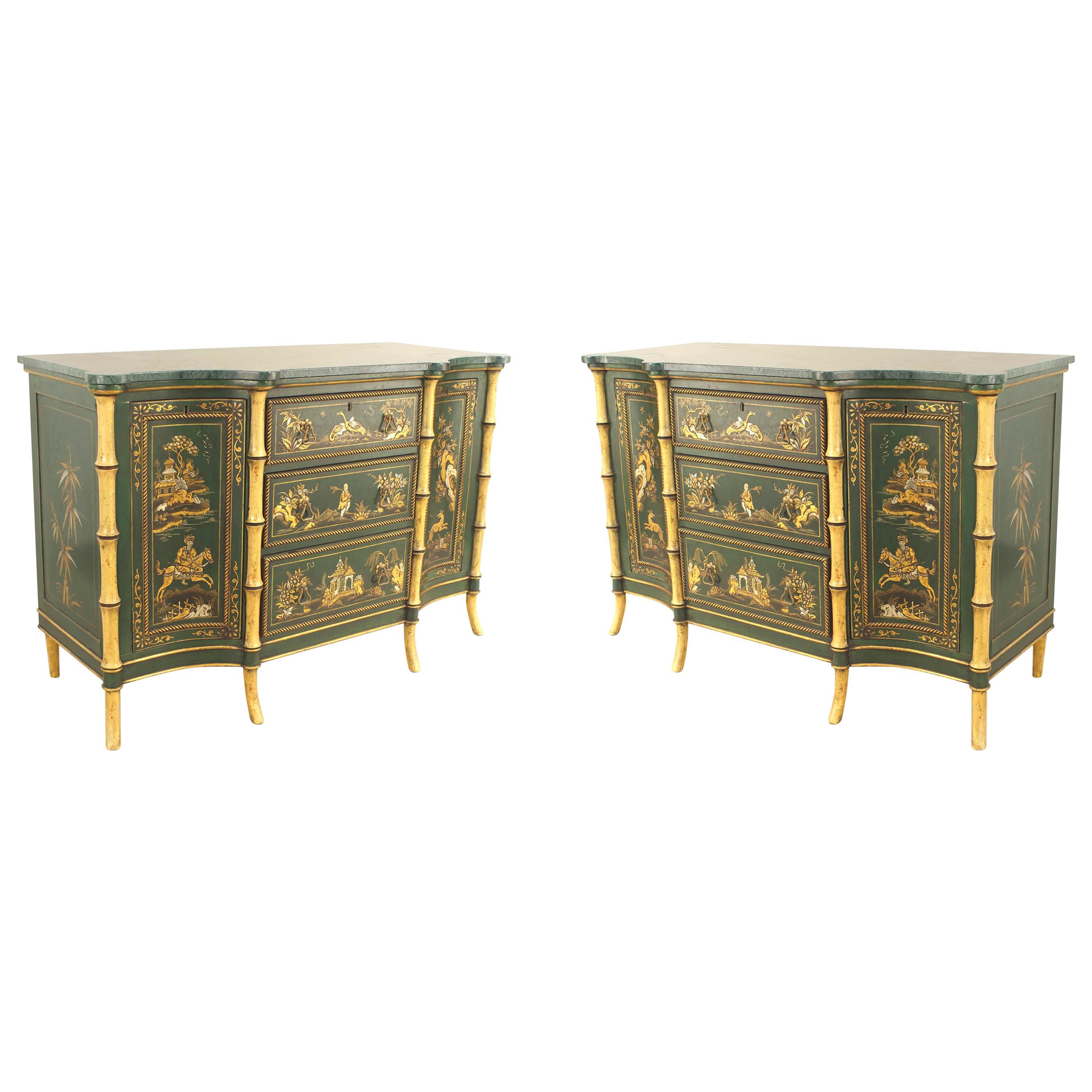 Pair of English Regency Chinoiserie Faux Bamboo and Green Marble Commodes