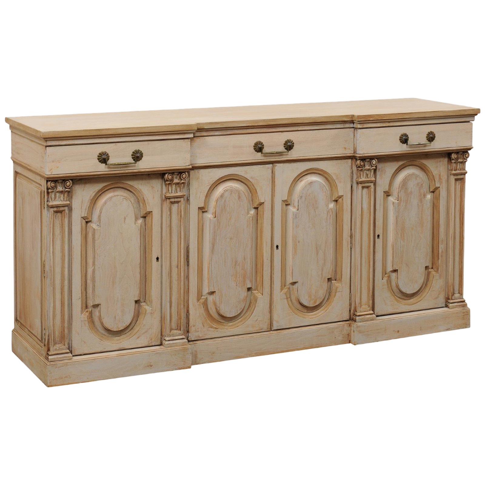 A Mid-20th C. 6 Ft Long Painted Wood Buffet Cabinet w/ Corinthian Column Accents For Sale