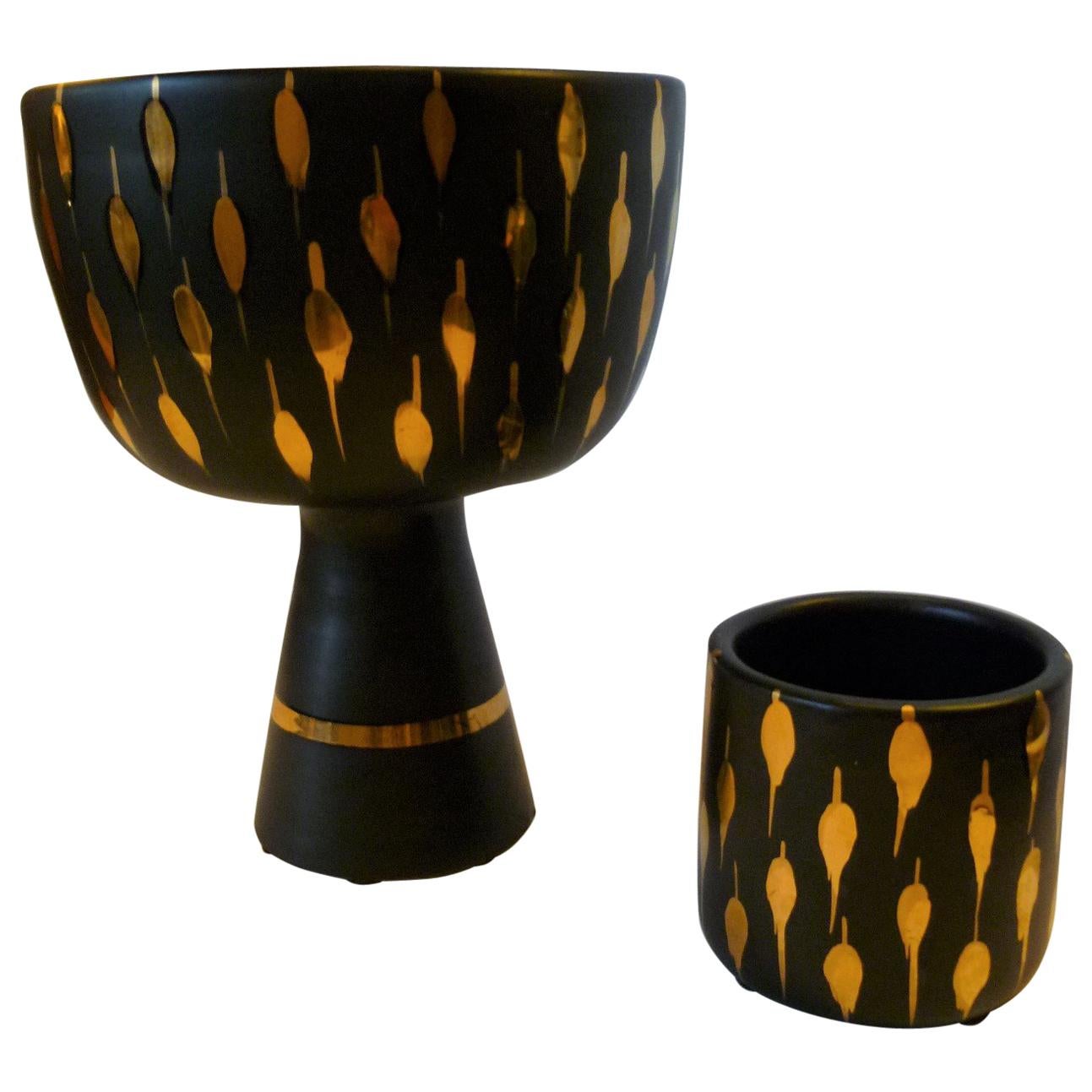 Italian Mid-Century Modern Pair of Black and Gold Pottery Vessels