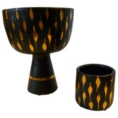 Vintage Italian Mid-Century Modern Pair of Black and Gold Pottery Vessels