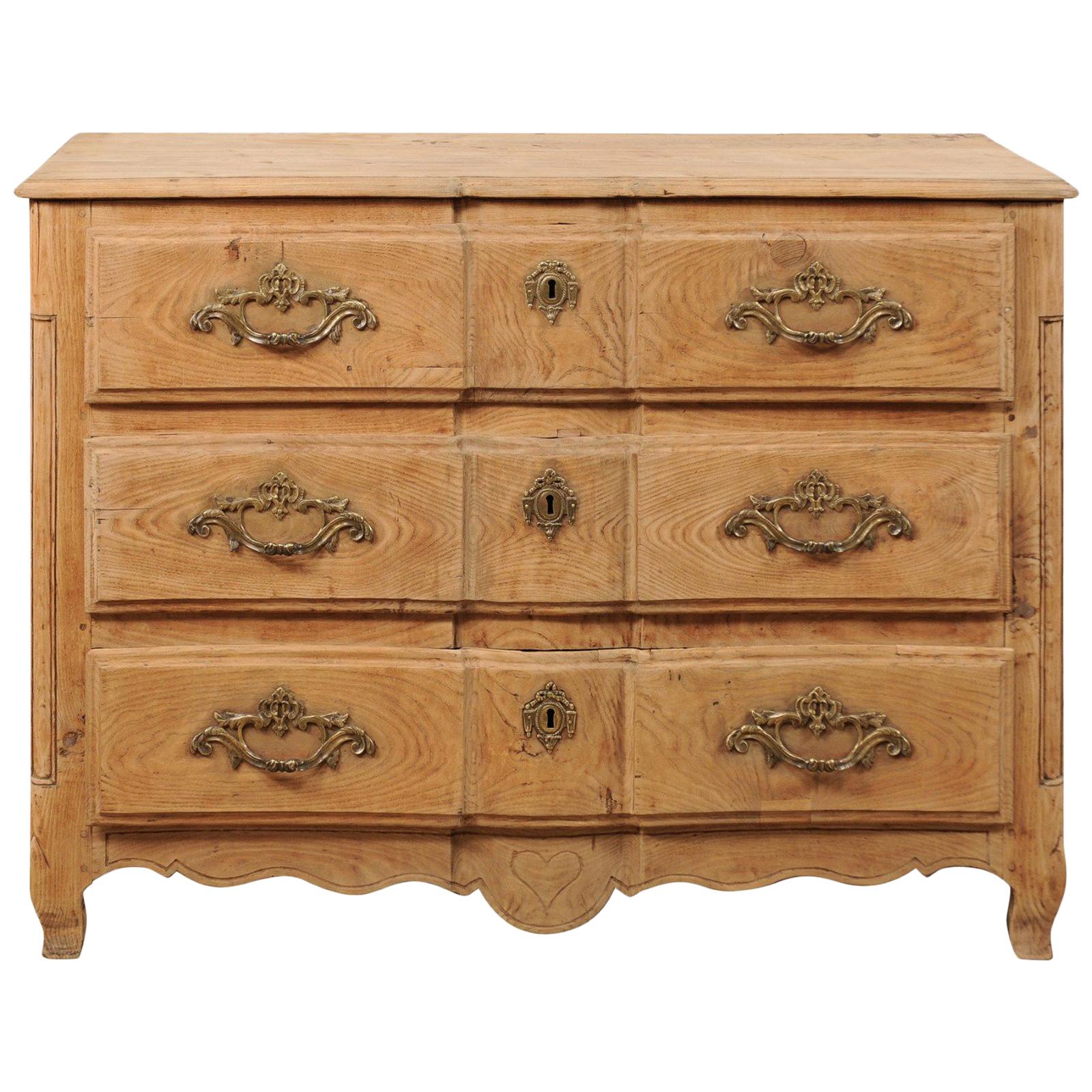 18th Century French Oxbow-Front Chest of Three Drawers w/ Rococo Brass Hardware