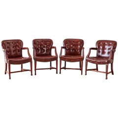 Set of Four Edwardian Tufted Leather Library Chairs