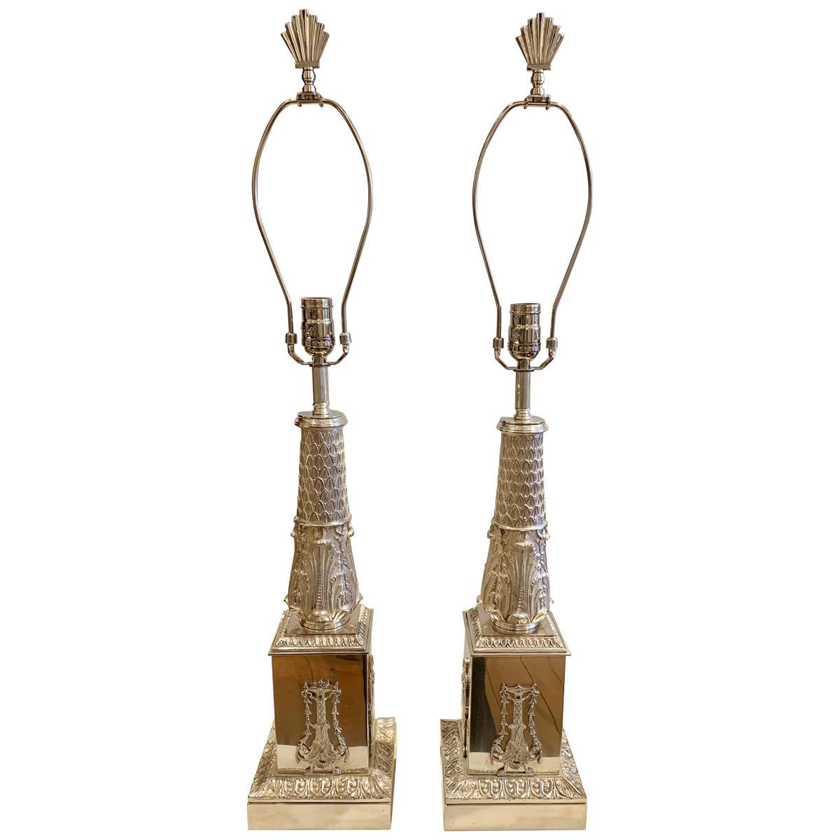 Pair of 19th Century Regency Silvered Neoclassical Lamps