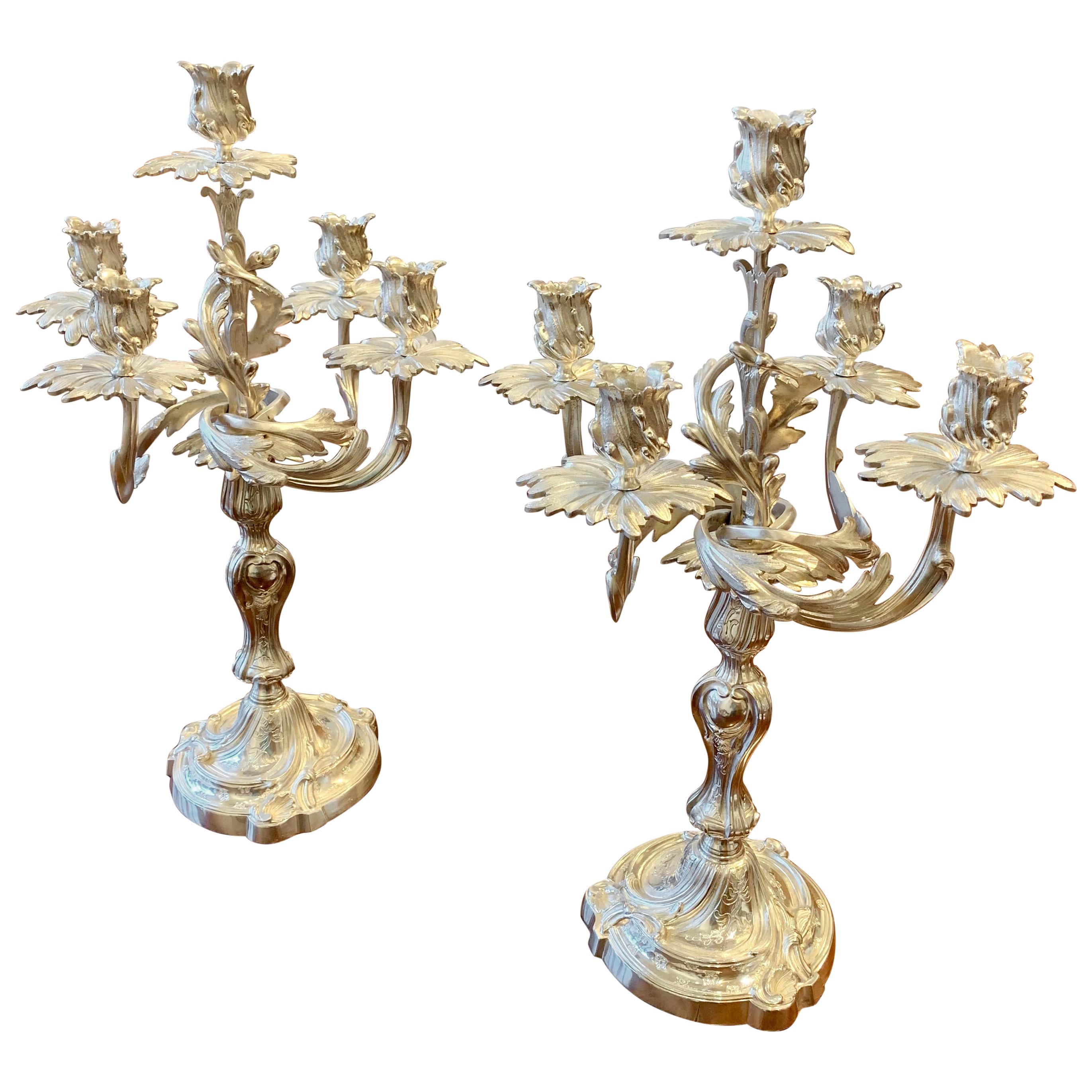 Pair of Silver Plated Louis XV Style Candelabra For Sale