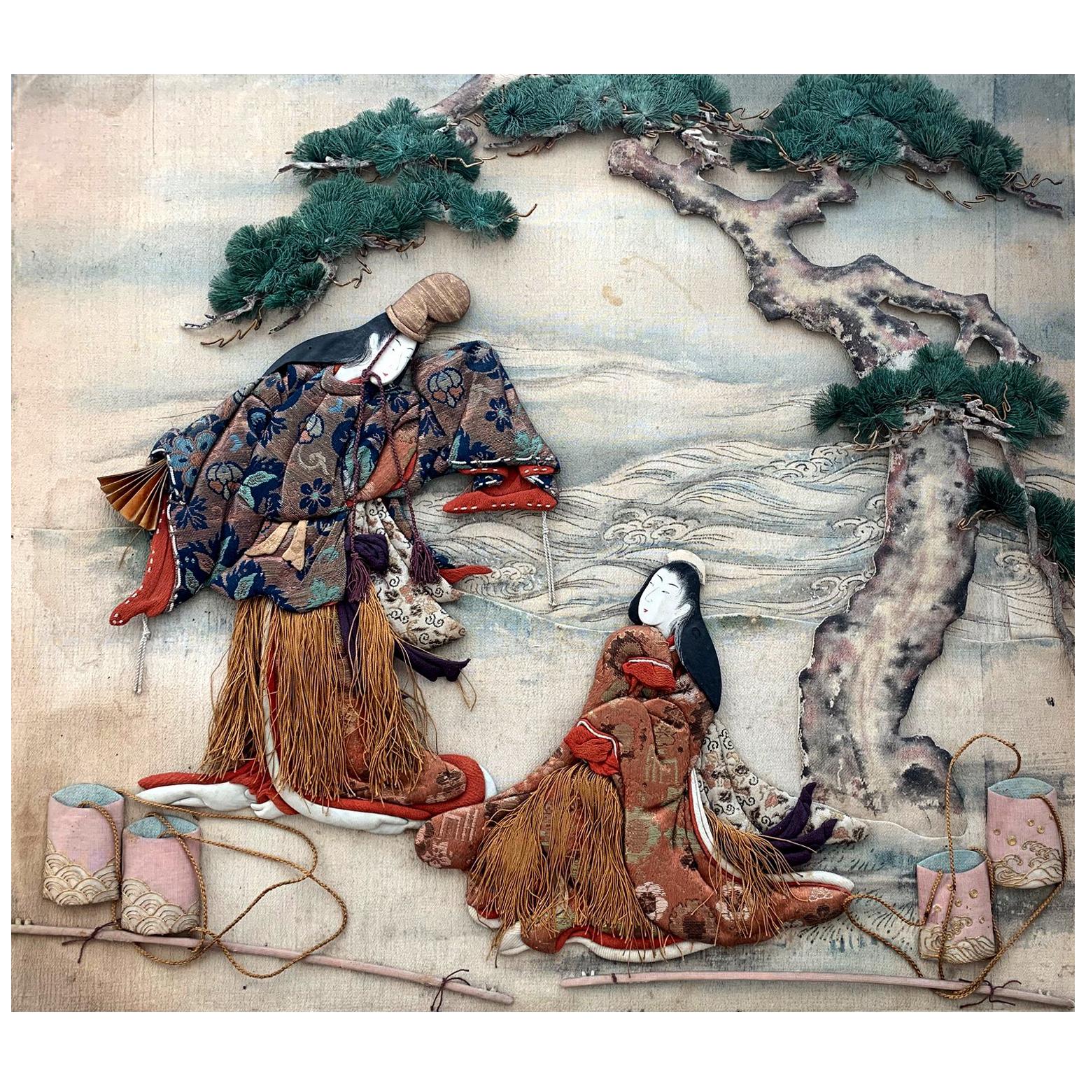 Framed Antique Japanese Oshi-E Textile Art from Meiji Period
