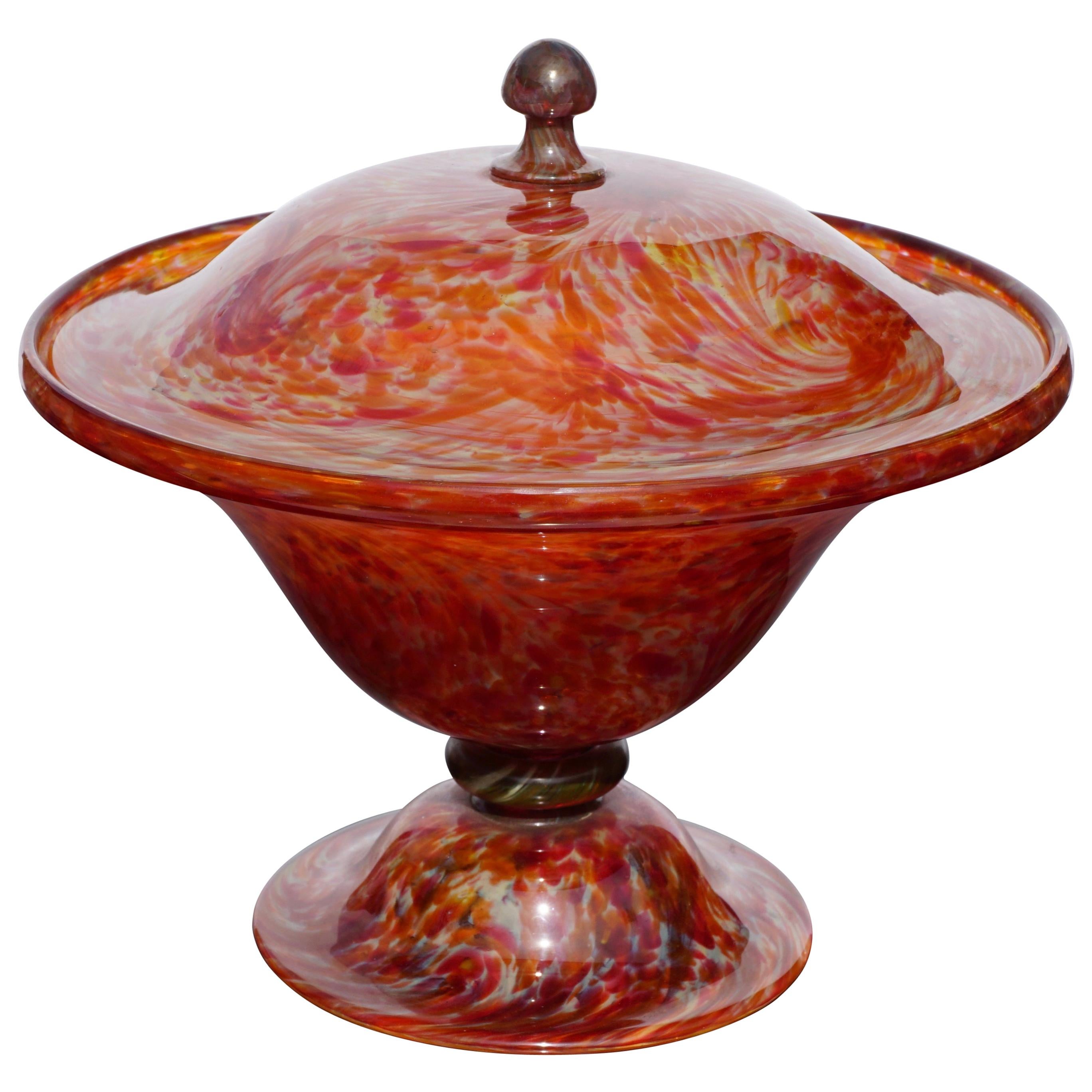 Art Verrier Saint Louis Marbled Glass Lidded Bowl Compote