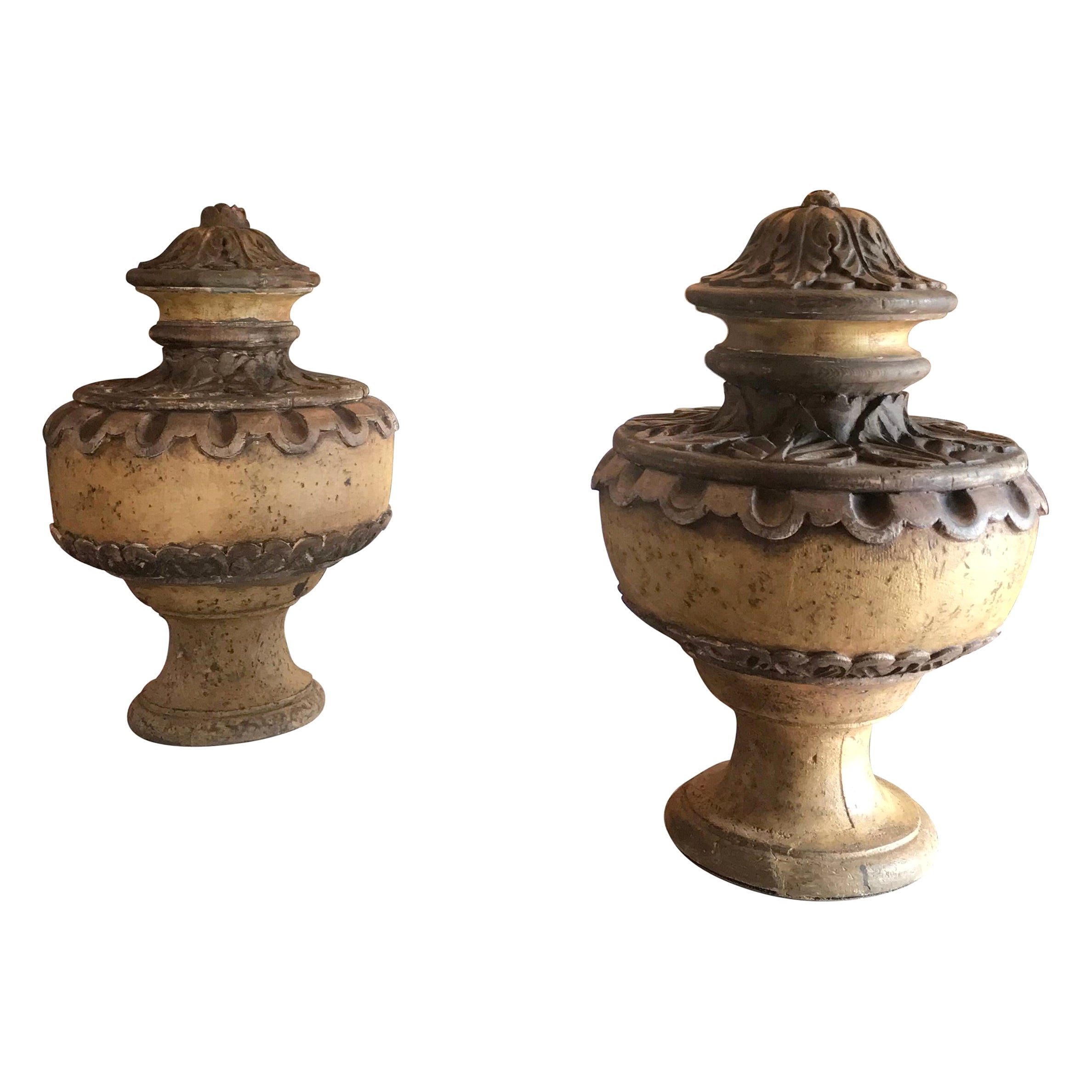Pair Hand Carved Wood Finials Vase Shape Centerpiece Urns Antiques Los Angeles For Sale