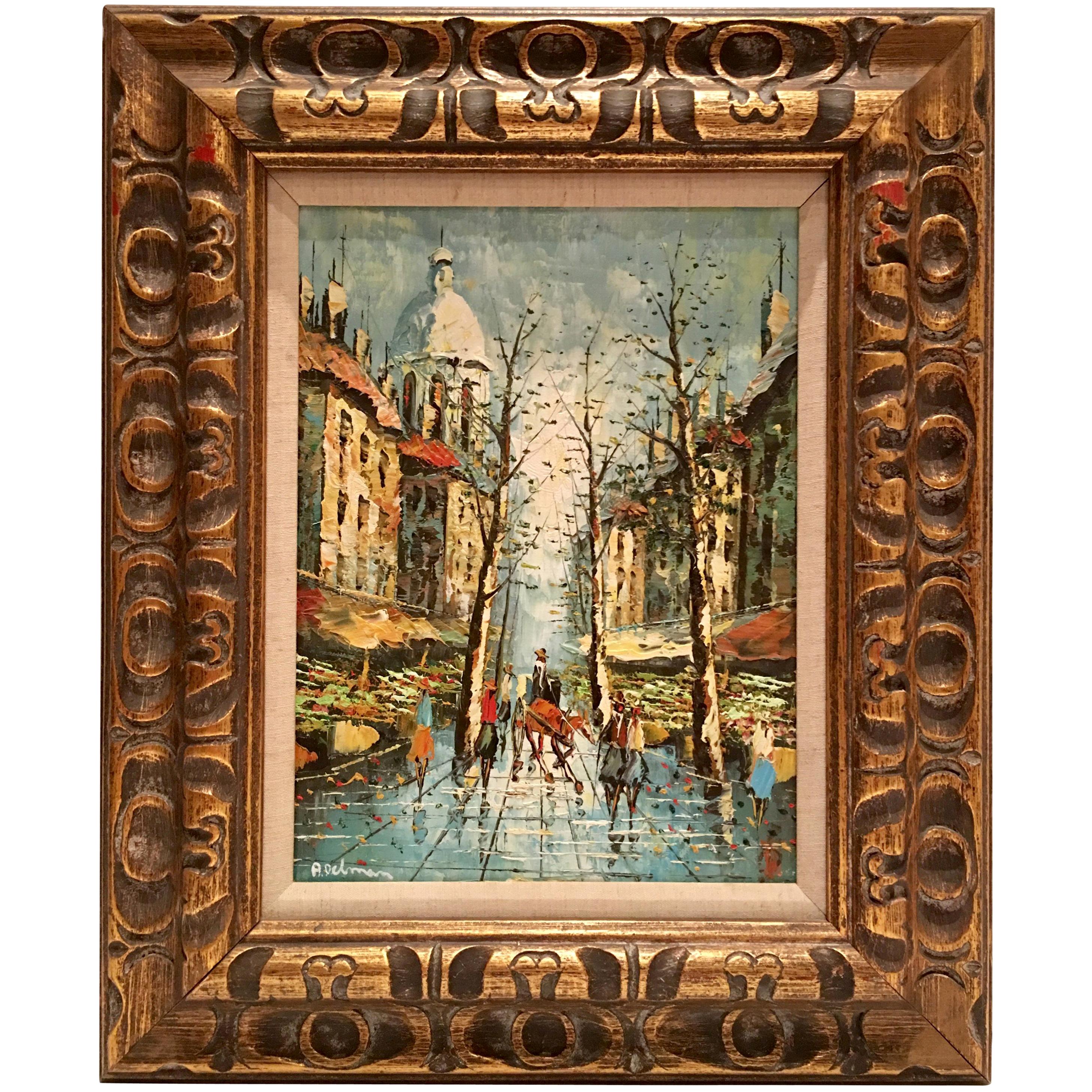 Midcentury Original Oil on Canvas Painting "Paris Market" by A. Delman