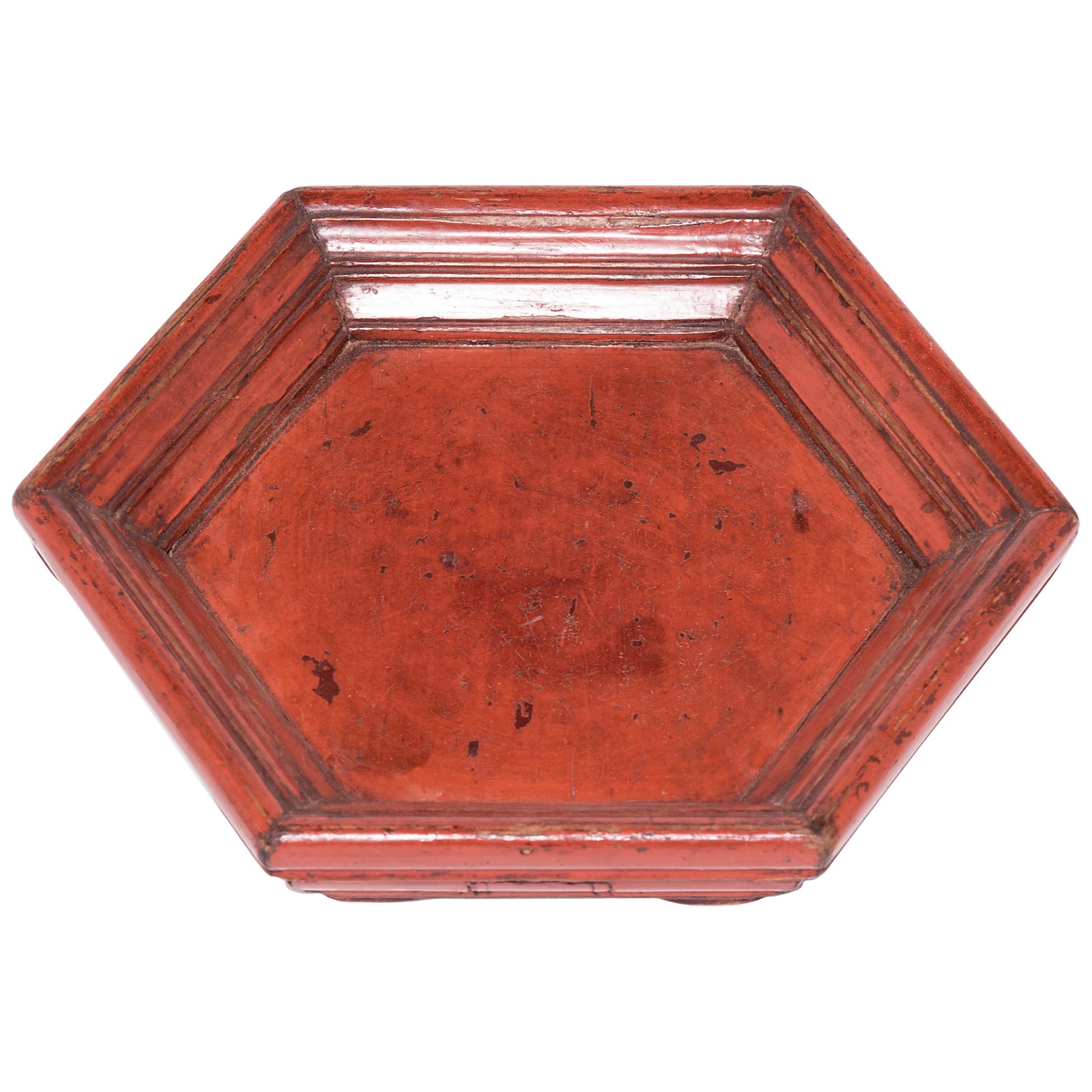 Chinese Cinnabar Red Honeycomb Tray, c. 1900