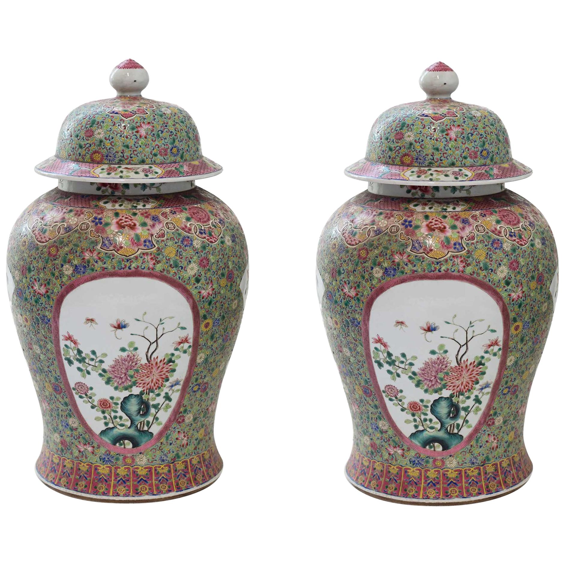 Pair of Famille Rose Porcelain Vases with Covers