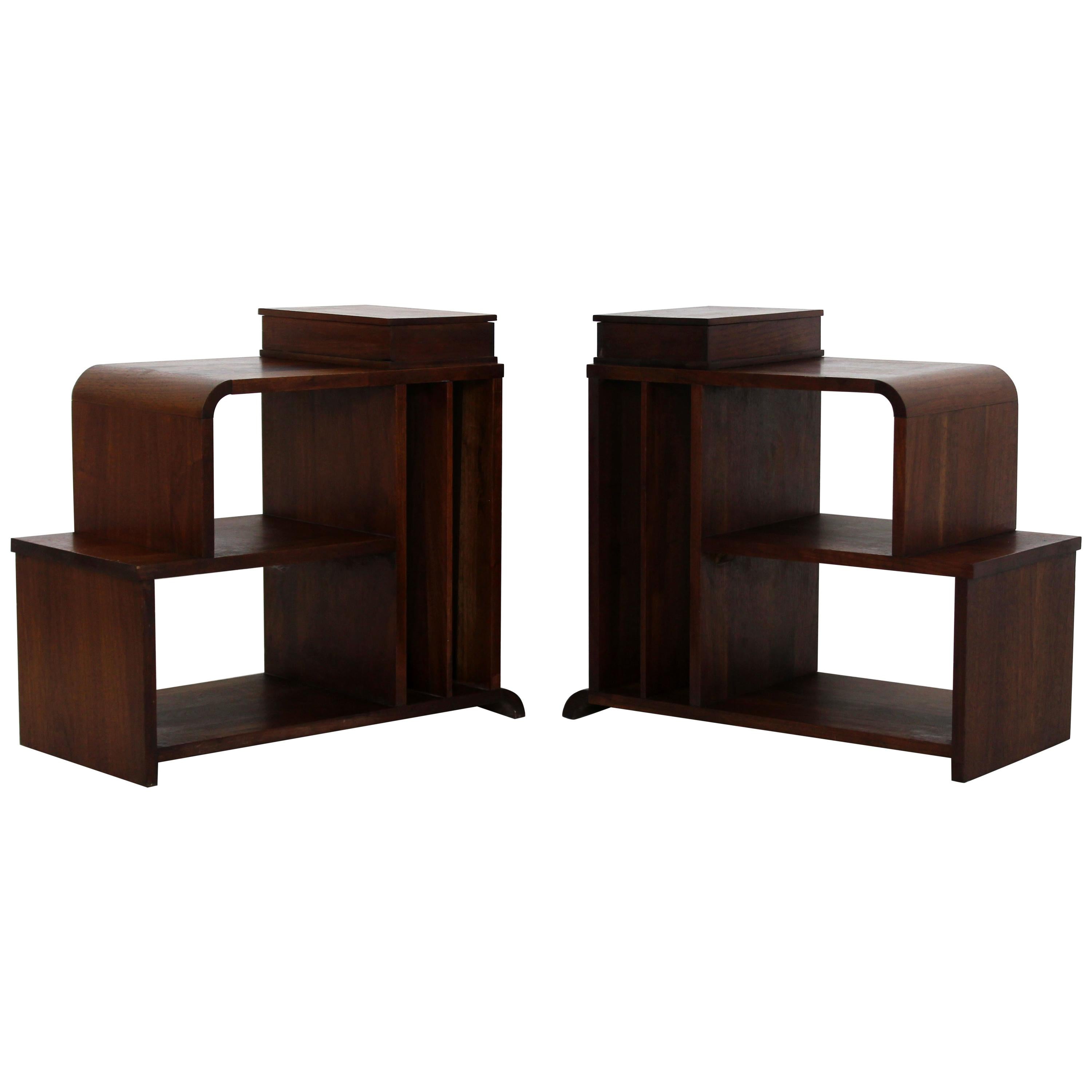 Art Deco Pair of Tiered Walnut Side End Tables Shelves Desky Rohde Frankl Era
