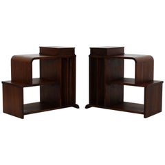 Art Deco Pair of Tiered Walnut Side End Tables Shelves Desky Rohde Frankl Era