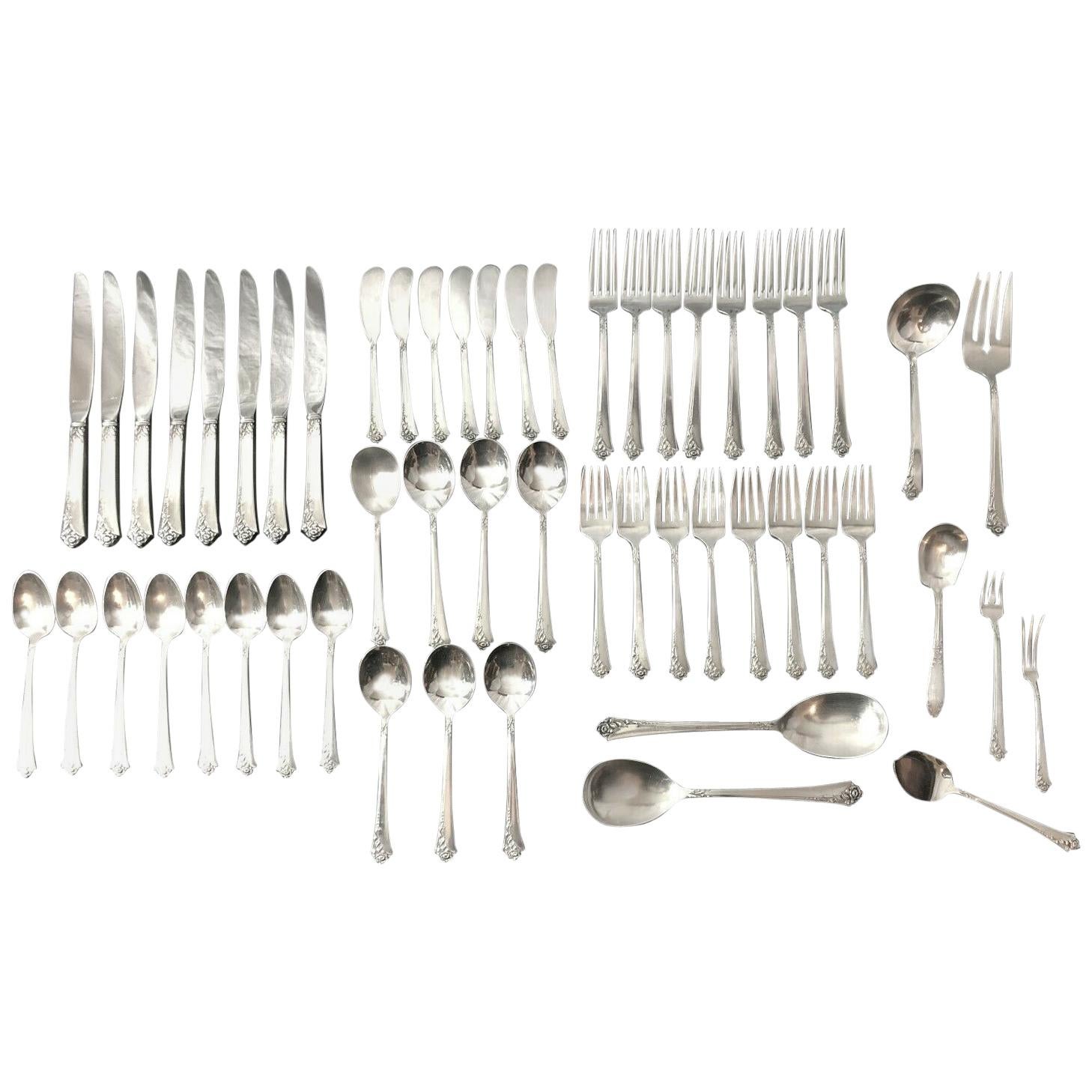 Oneida Heirloom Silver Sterling Silver Flatware Service for Eight, Damask Rose For Sale
