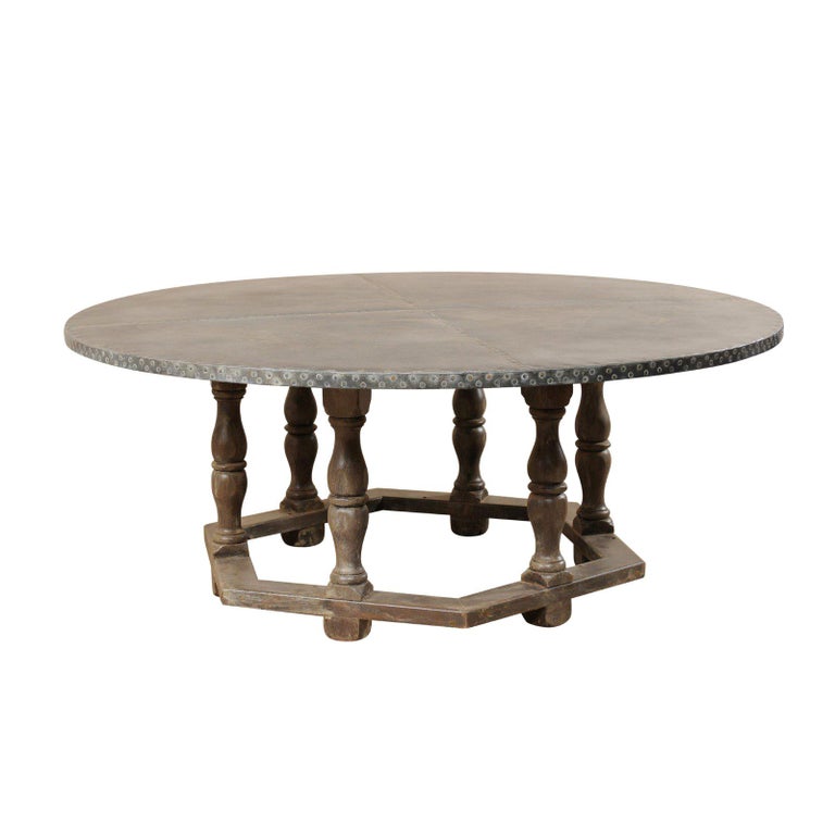 Round Zinc Top Painted Wood Table with Hexagon Base at 1stdibs