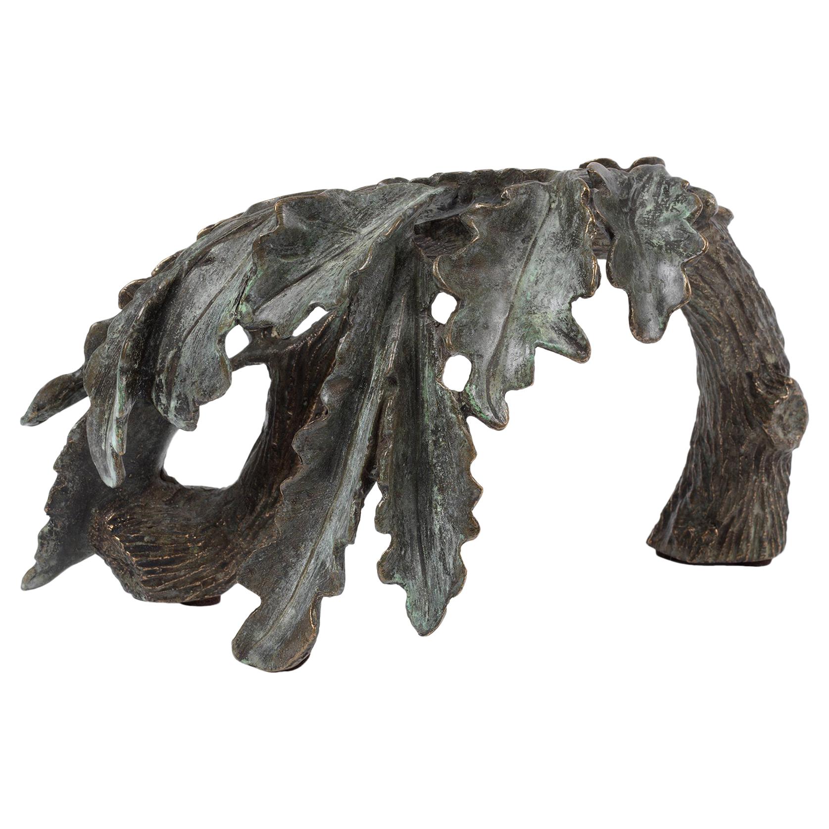 Oak Leaves, Small Scale Cast Bronze Botanical Decorative Sculpture Green Patina