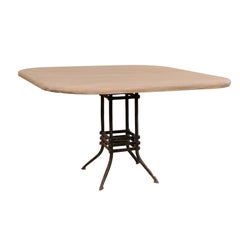 French Square-Top Wood Table Top with 19th Century Iron Base
