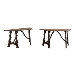 Pair of Italian Demilune Lyre-Leg Pine Wood Tables