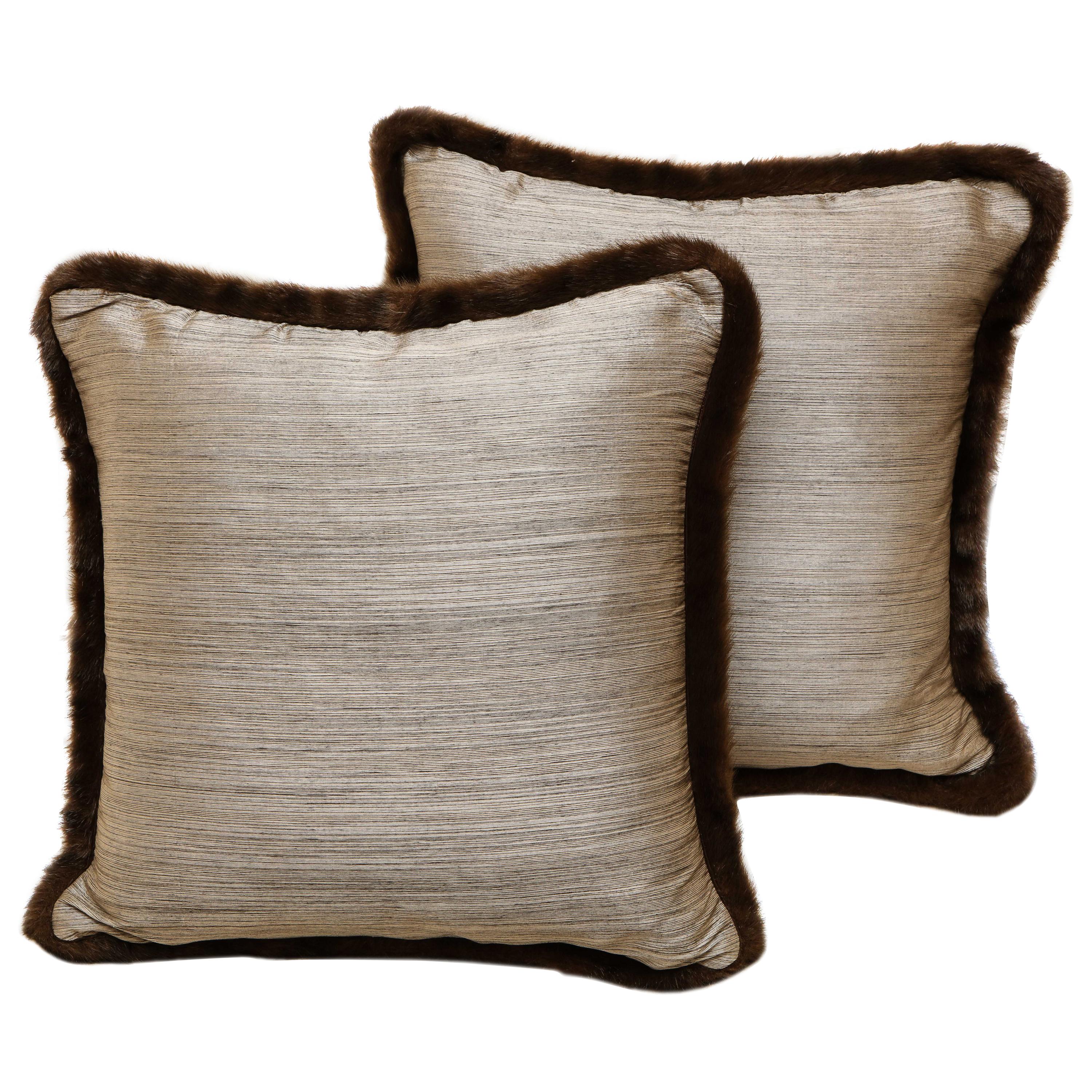Pair of Silver and Bronze Silk and Fur Anglo-Japanese Pillow For Sale